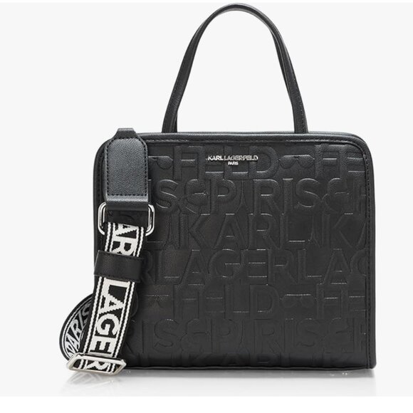 NWT KARL LAGERFELD MAYBELLE SATCHEL CROSSBODY PURSE BLACK LOGO EMBOSSED - Picture 1 of 4